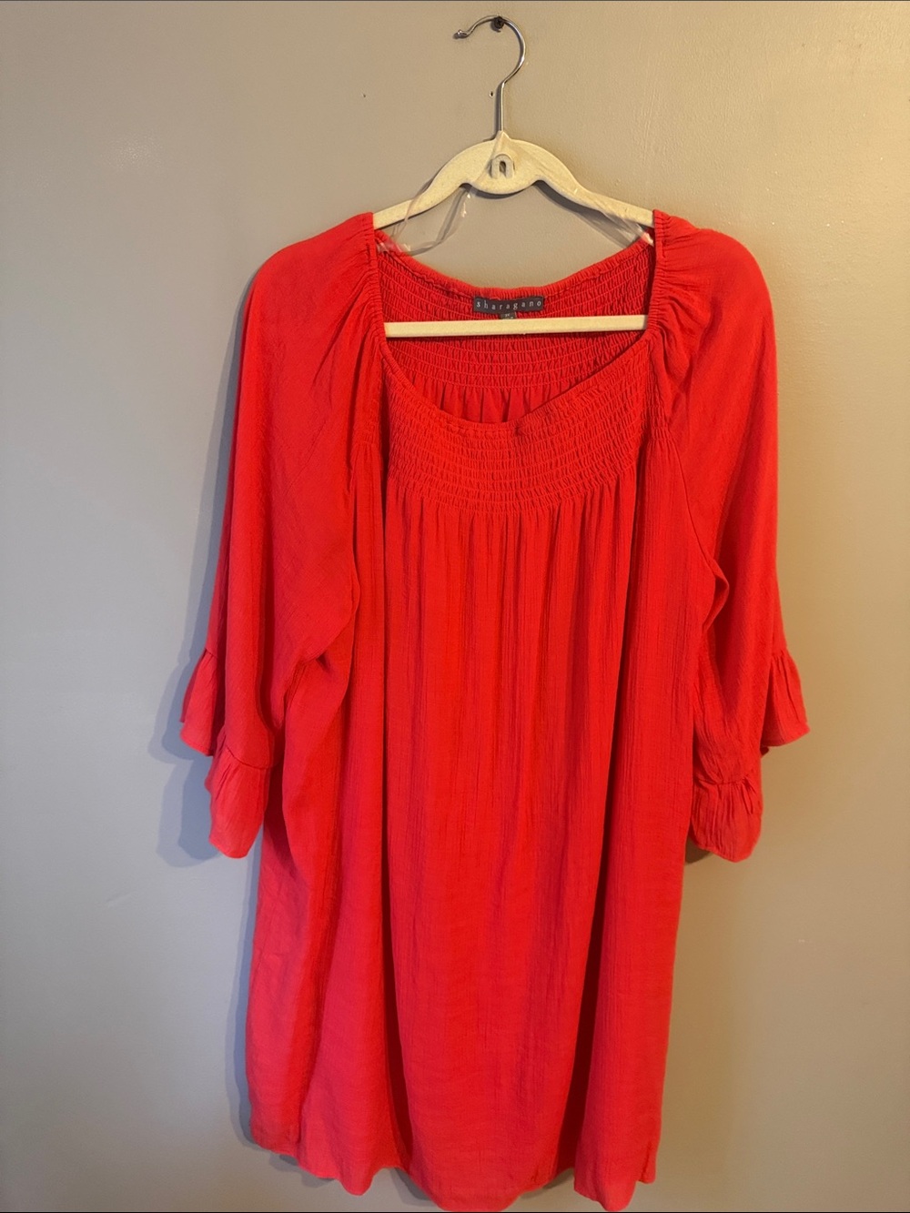 Sharagano Smocked Dress. Bell sleeves. Coral Red. Size 3X